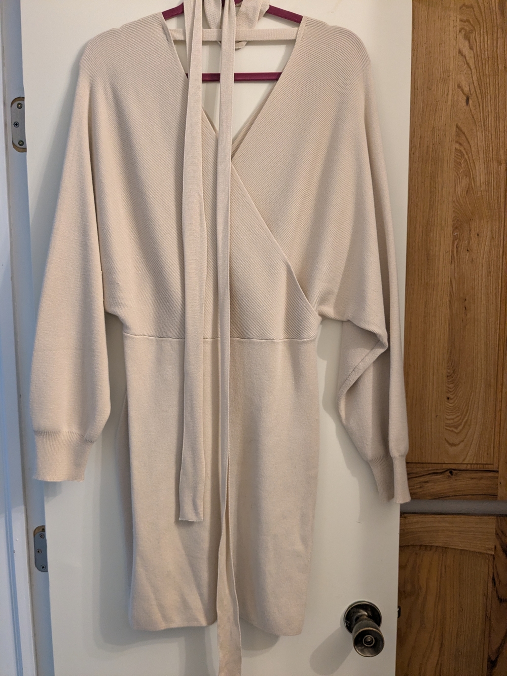Elegant Cream Long-Sleeve Wrap Dress with Tie Belt